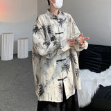 Threebooy Art Men Chinese Style Hanfu Tops Traditional Ethnic Kung Fu Trendy Shirt Sunscreen Clothing Bamboo Leaf Pan Button Printing Top