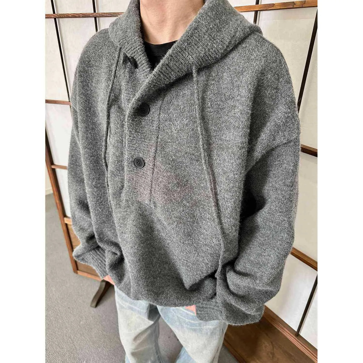 Threebooy Autumn Winter Knitted Sweater Hoodie Solid Color Simple American Loose Lazy Top Men