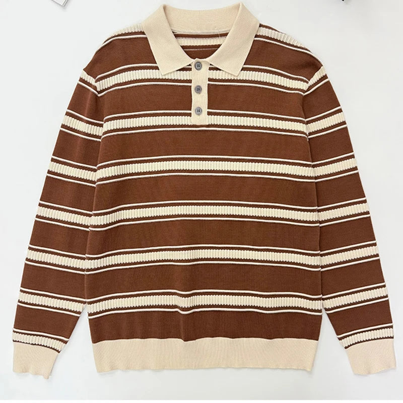 Threebooy  New American Trendy Men Polo Neck Sweater Light Luxury Striped Knit Long Sleeve Pullover Tops High Quality Loose Knitwear M-3XL