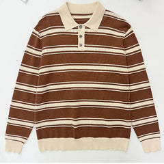 Threebooy  New American Trendy Men Polo Neck Sweater Light Luxury Striped Knit Long Sleeve Pullover Tops High Quality Loose Knitwear M-3XL