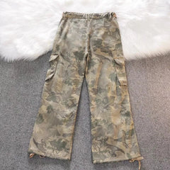 Threebooy Gothic Harajuku American Camouflage Drawstring Casual Trousers Leaf Pattern High Street Hip Hop Y2k Straight Leg Wide Leg Pants