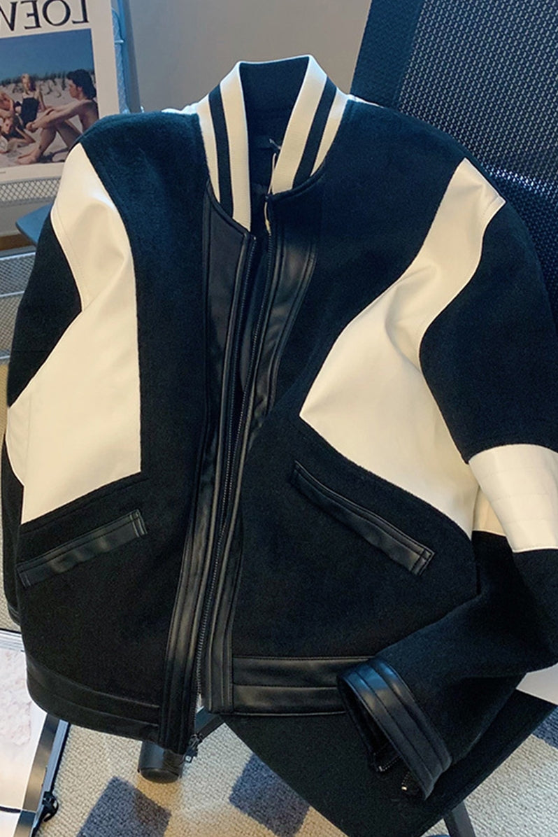 Threebooy American Retro Baseball Uniform Jacket Men's Spring and Autumn Loose Stand Collar Long Sleeve Contrast Color Couple Casual Coat