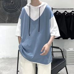 Threebooy Street Casual Fashion Loose Pullovers Patchwork T-Shirts Short Sleeve Man Spring Summer Thin Hooded Round Neck Men's Clothing