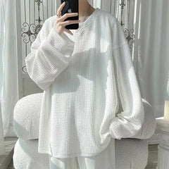Threebooy  Autumn Men's V-neck Long Sleeve T-shirts New Solid Color Jacquard Waffle Pullover Tops High Street Fashion Breathable Tee Shirts