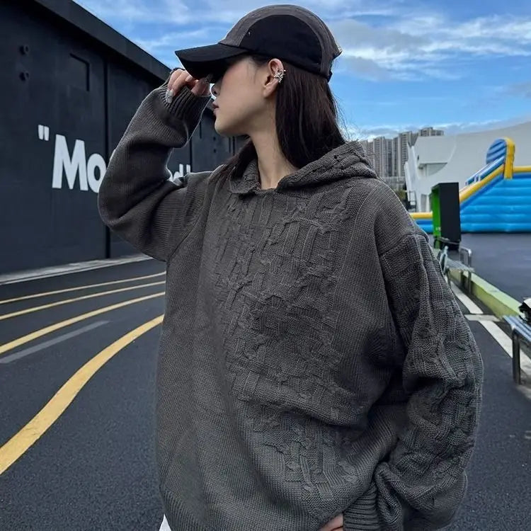 Threebooy Autumn and winter American fashion men and women knitted hooded couple loose retro personality Harajuku casual sweater y2k