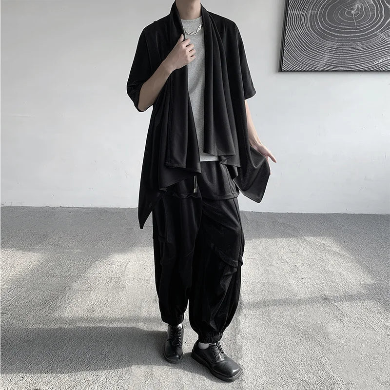 Threebooy Summer Japanese Darkness shirt Man Cardigan Harajuku Woman Black Coat Cloak Beach Shirt Obi Streetwear Loose Thin Outer