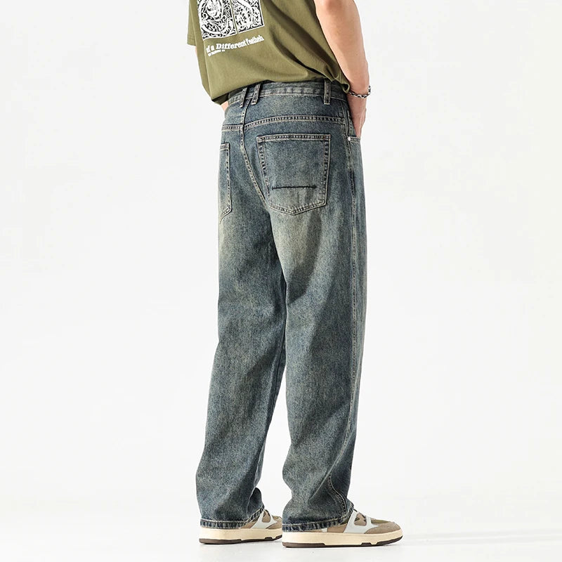 Threebooy  Wide Leg Jeans Men Baggy Pants Summer Straight Cut Loose Retro Blue Denim Pants Streetwear Fashion Pockets Vintage Man Clothes