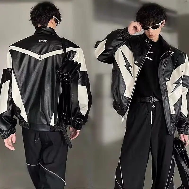 Threebooy American Retro Racing Coat Couple Outfit Splicing Contrasting Motorcycle Suit Leather Jacket Korean Style Loose Handsome Jacket