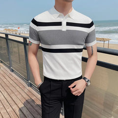 Threebooy Top Grade New Brand Designer Stripe Polo Shirt Men Summer Knitted Ice Silk Regular Short Sleeve Casual Tops Fashions Clothes Men