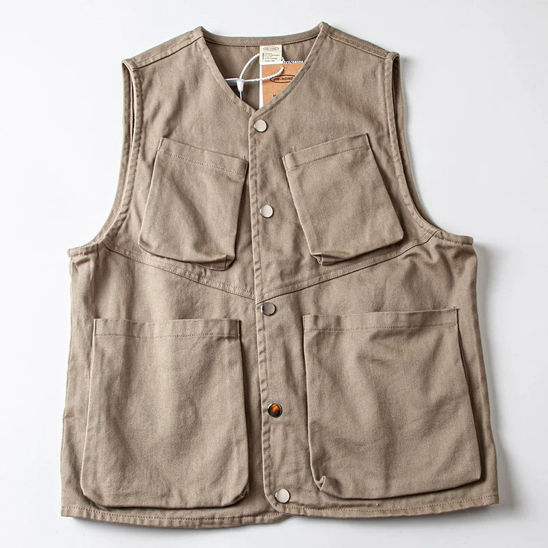 Threebooy Japan Retro Heavy Twill Fabric Tooling Vest Functional Waistcoat Loose Fashionable High-end Pocket Couple Jacket Top Aesthetic