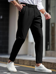 Threebooy  Men's Gurkha High Waist Pleated Cuffed Tapered Cropped Dress Pants 100% Polyester Business Casual Black Trousers
