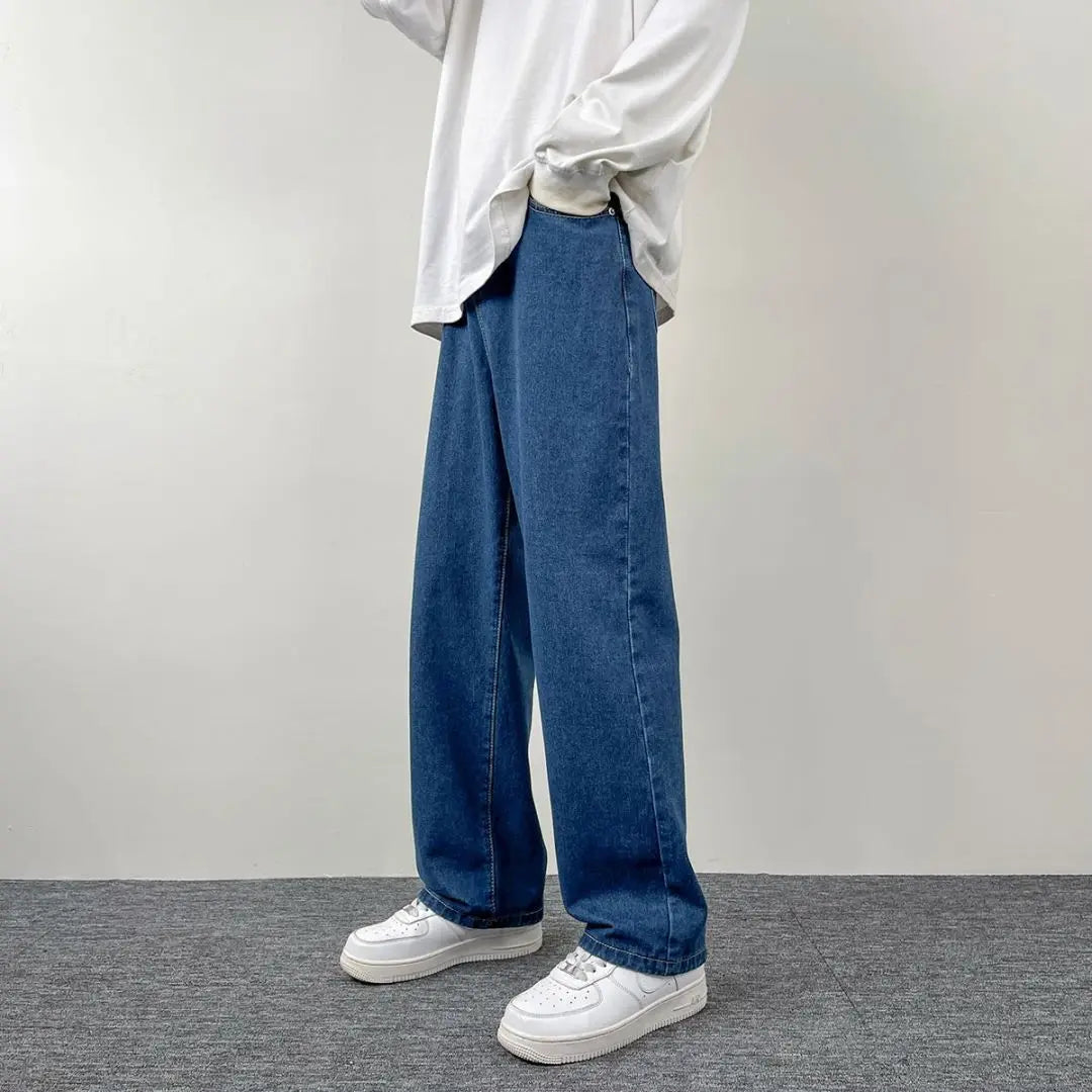 Threebooy New Korean Fashion Men's Casual Baggy Long Jeans Classic Man Straight Denim Wide-leg Pants Solid Color
