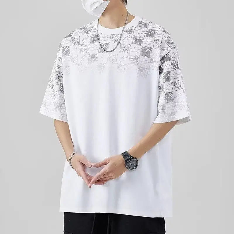 Threebooy  Summer Japanese Men's New Pullover O-Neck Patchwork Printed Plaid Fashion Loose Casual Versatile Short Sleeved T-shirt Tops