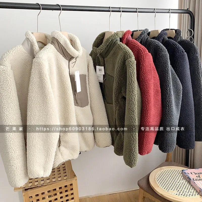 Threebooy Autumn Winter Lambswool Coat Male Loose Windproof Warm Sherpa Stand Collar Polar Fleece Jacket Unisex Simple  Pocket Spliced Top