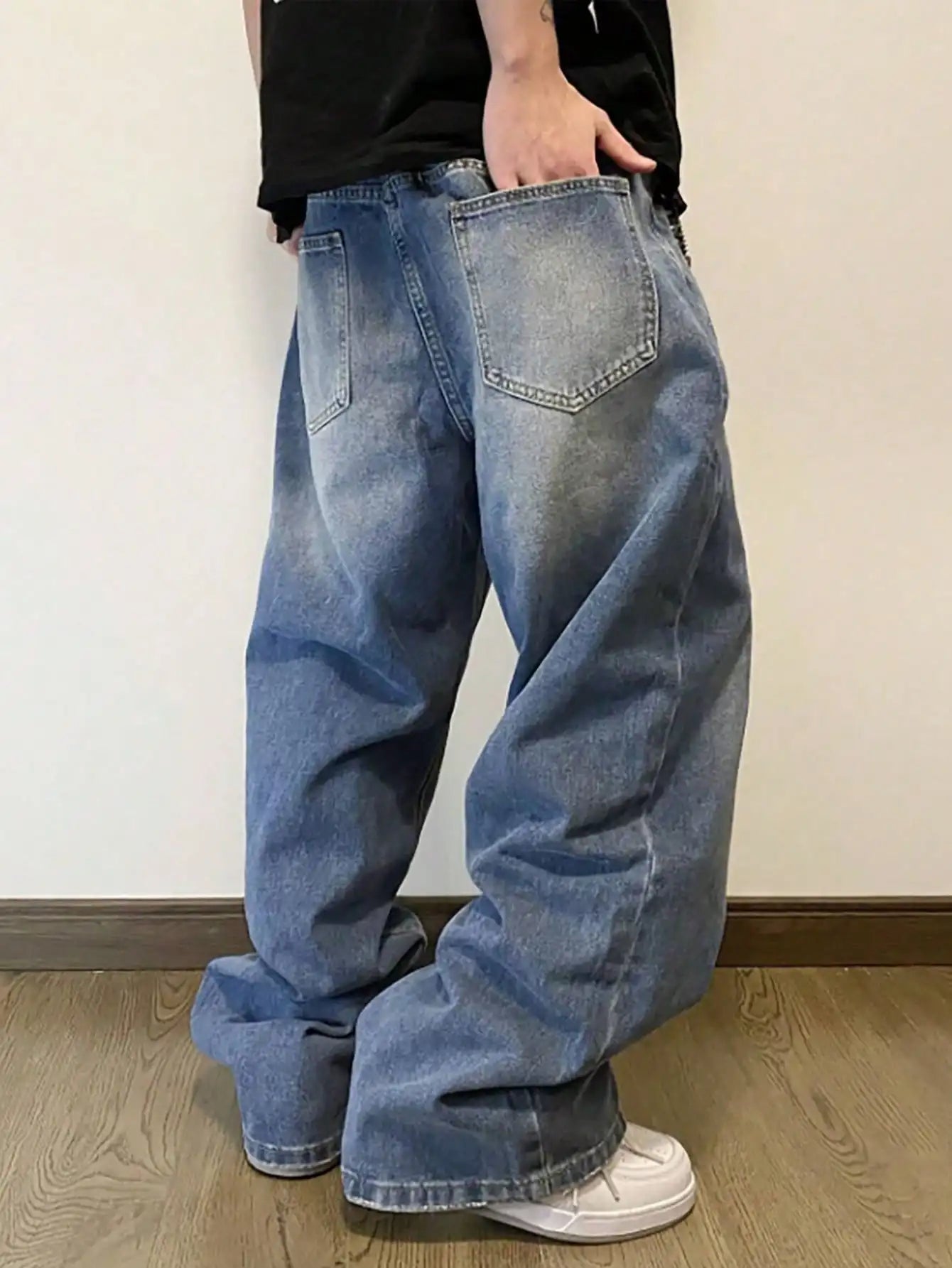 Threebooy  Summer Men's Denim Pants Old Blue Washed Male Baggy Jeans Four Seasons Straight Casual Menwear Loose Wide Leg Trousers Fashion