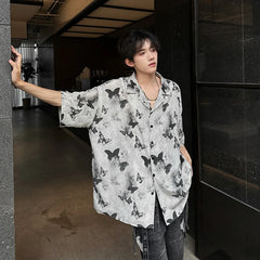 Threebooy Summer Butterfly Printed Tie-dye Shirt Men Windsor Collar Loose Casual Short Sleeve Shirts Oversize Streetwear Boy Girl Blouses