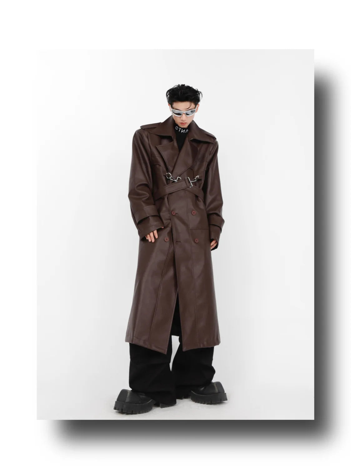 Threebooy Niche Pu Leather Coat Metal Zipper Double-layer Splicing Design Windbreaker Over Knee Jacket Men High Street Top Punk Streetwear