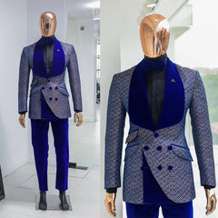 Threebooy  Luxury Men's Suit 2 Pieces Jacquard Blazer Pants One Button Velvet Wide Lapel Formal Business Slim Wedding Groom