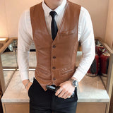 Threebooy Leather Vest Men New Fashion Casual High Quality Solid Color Single Breasted Slim Large Size Business Vest Waistcoat S-5XL