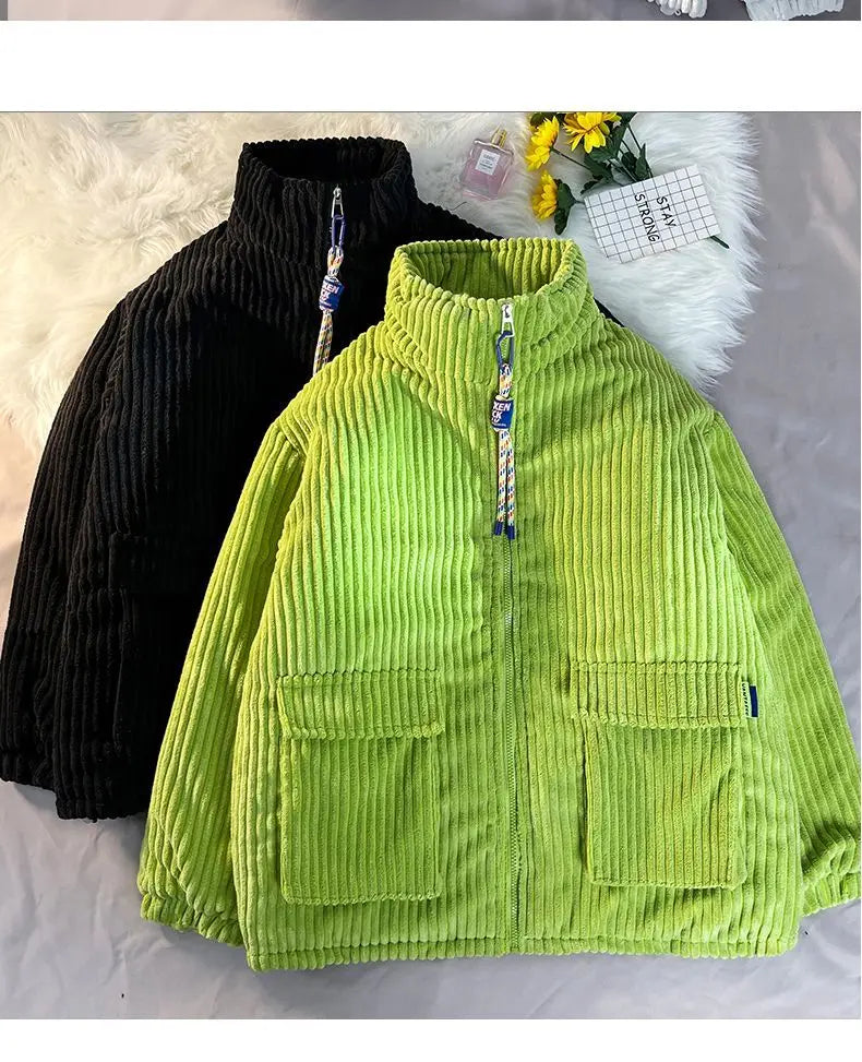 Threebooy Men's Cotton Padded Jacket Winter Corduroy Padded Jackets Female Loose Stand-up Collar Thickened Warm Zipper Solid Color Coats