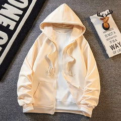 Threebooy  Solid color hooded cardigan sweater men's  spring and autumn new Japanese simple and versatile loose jacket