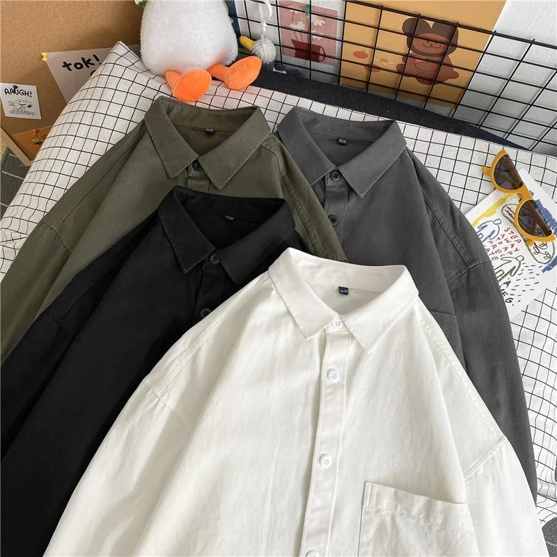 Threebooy New Men Luxury Korean Style Shirts Casual Long Sleeve Drapped Solid Color Button-down Cardigan Fashion Japanese Blouse 2025 New