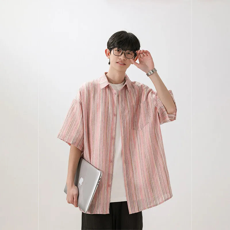 Threebooy Summer men Short Sleeve Shirt For Men Striped Loose Polos Lapel Shirts New unisex High Street Pocket Blouse Couple shirt