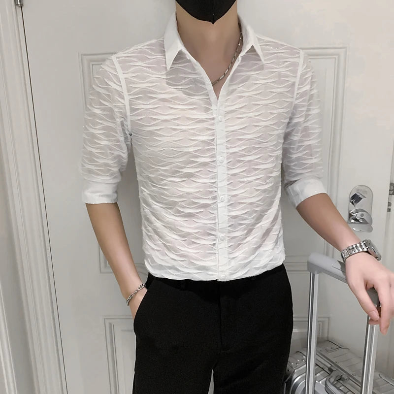Threebooy High Quality for Men Lace Hollow Out Shirts/Male Slim Fit Lapel Casual Business Sexy Long Sleeve Shirts Plus Size S-4XL