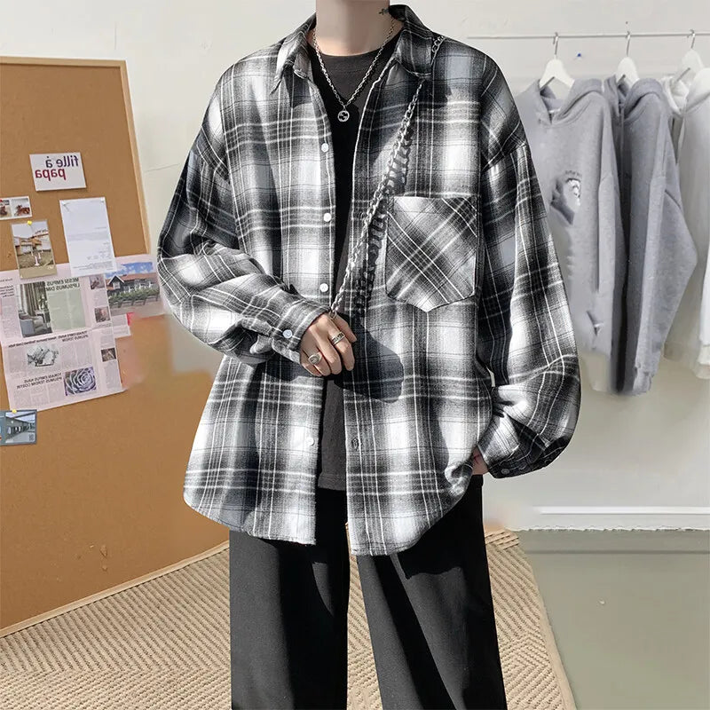 Threebooy Harajuku Long Sleeve Plaid Shirts Men Big Size M-5XL Autumn Chic Loose Vintage High Street All-match Gentleman Camisa