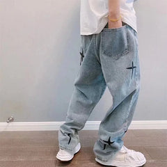 Threebooy Print Embroidery Jeans Men Vintage Casual Loose Wide Leg Baggy Man Trousers 2024 Spring Summer Fashion Hip Hop Male Cargo Pant