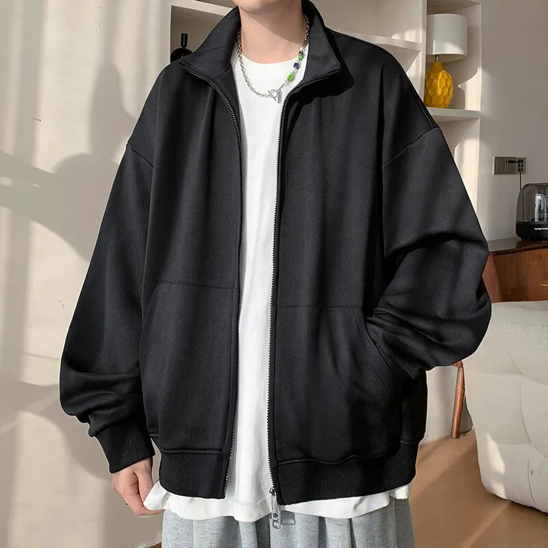 Threebooy Spring Autumn Men's Stand Collar Cardigan Hoodies Solid Color Loose Hoodie Outerwear Men Fashion Double Zipper Casual Jacket 5XL