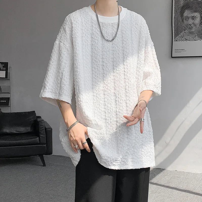 Threebooy Vertical Stripe Pleated T Shirt For Men Summer Short Sleeve Plain T-Shirt Fashion TShirts Round Collar Sports Top Tees White