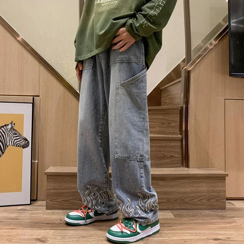 Threebooy  Men's Fashion Flame Embroidery Jeans Neutral Wide Denim Pants Baggy Straight Youth Casual Hip Hop Trousers Male Trendy Brand
