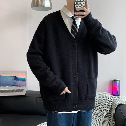 Threebooy Men's Cardigan Sweater Knitwear Jacket Spring Autumn V-neck Long Sleeves Single-breasted Pockets Loose Casual Linen Sweaters