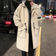 Threebooy Hooded Trench men Autumn Coat 2025 AW Mid Length Outdoor Casual Trendy Youth Topstitching Patch Pockets Unique Fashion