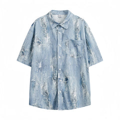 Threebooy  Summer Denim Short Sleeve Shirts Men Streetwear Hip Hop Ripped Hole Jeans Shirt Oversized Harajuku Tie Dye Casual Blouse Male