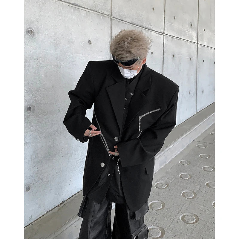 Threebooy Oversized Black Blazer Men High-end Fashion Leisure Suit Jackets Multi-zippers Male Streetwear Casual Korean All-match Suit
