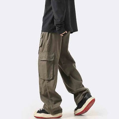 Threebooy American Street Loose Versatile Straight Workwear Pants Men's Solid Patchwork Waist Bandage Pocket Casual Trend Wide Leg Trouser