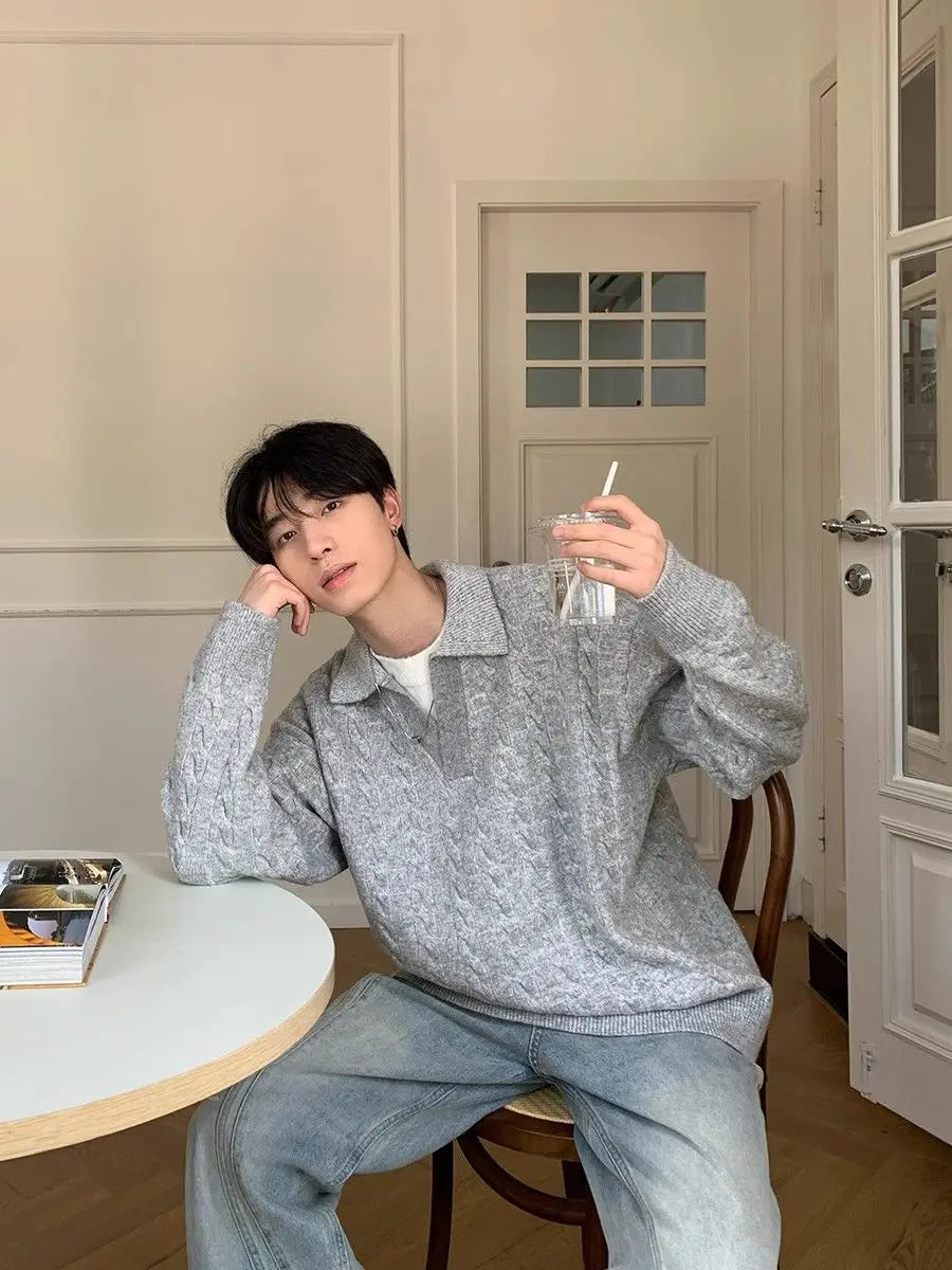 Threebooy Korean style spring and autumn men and women trendy street collar pullover sweater for couples loose retro street casual simple