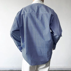 Threebooy Men's Chinese Style Stripe Printing Lapel Collar Shirts Long Sleeve Hawaiian Cargo Shirts Simple Camisa Masculina M-XL