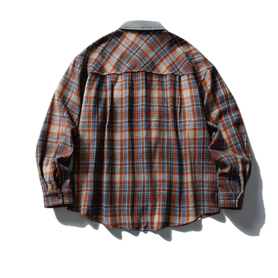 Threebooy Vintage Plaid Cargo Shirts Mens Streetwear Hip Hop Long Sleeve Shirt for Men Harajuku Loose Japan Style Casual Blouse Coats Male