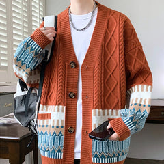 Threebooy  Winter Christmas Jacquard Knitted Cardigans For Man Ethnic Style Button-up V-neck Sweaters Y2K Streetwear Cardigan Knitwear