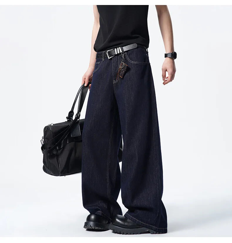 Threebooy Men Dark Blue Loose Drag Floor Length Jeans Classic Straight Leg Denim Pants Wholesale Hot Sale Minimalist Casual Streetwear