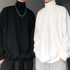 Turtle Neck Long Sleeve T-shirts Men Plus Velvet Warm Basic Solid Korean Style Loose CouplesTops Mens Clothes Streetwear Ins