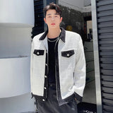 Threebooy Fashion Menswear Chic Black And White Color Block Spliced Jacket Lapel Light Silk Tweed Coat Autumn Winter New Cloth