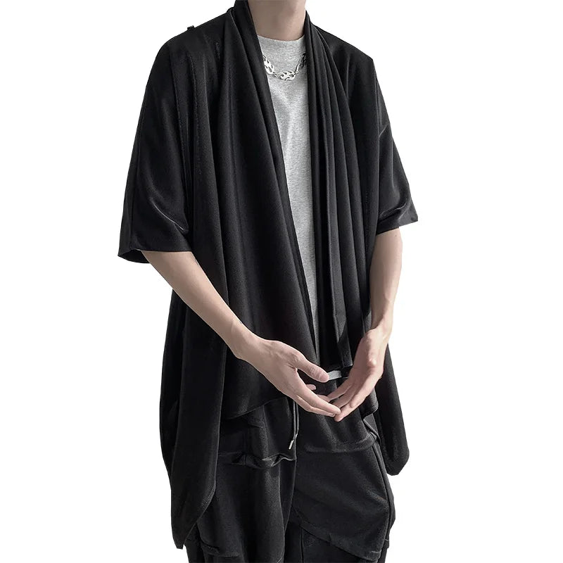 Threebooy Summer Japanese Darkness shirt Man Cardigan Harajuku Woman Black Coat Cloak Beach Shirt Obi Streetwear Loose Thin Outer