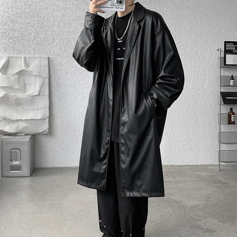 Threebooy Unisex Black PU Leather Long Trench Coat Men Women Gothic Trenchcoat Luxury Autumn Winter Loose Windbreaker Outerwear