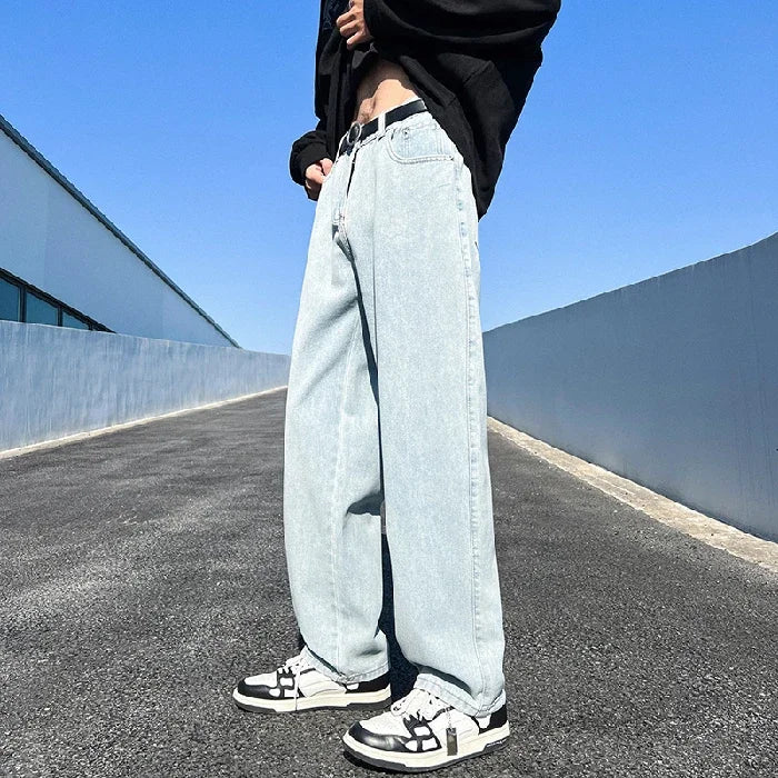 Threebooy  Men's Jeans Spring Autumn Extend Straight Vintage Blue Casual Baggy Jeans Korean Trousers Classic Wide Leg Fashion Denim Pants