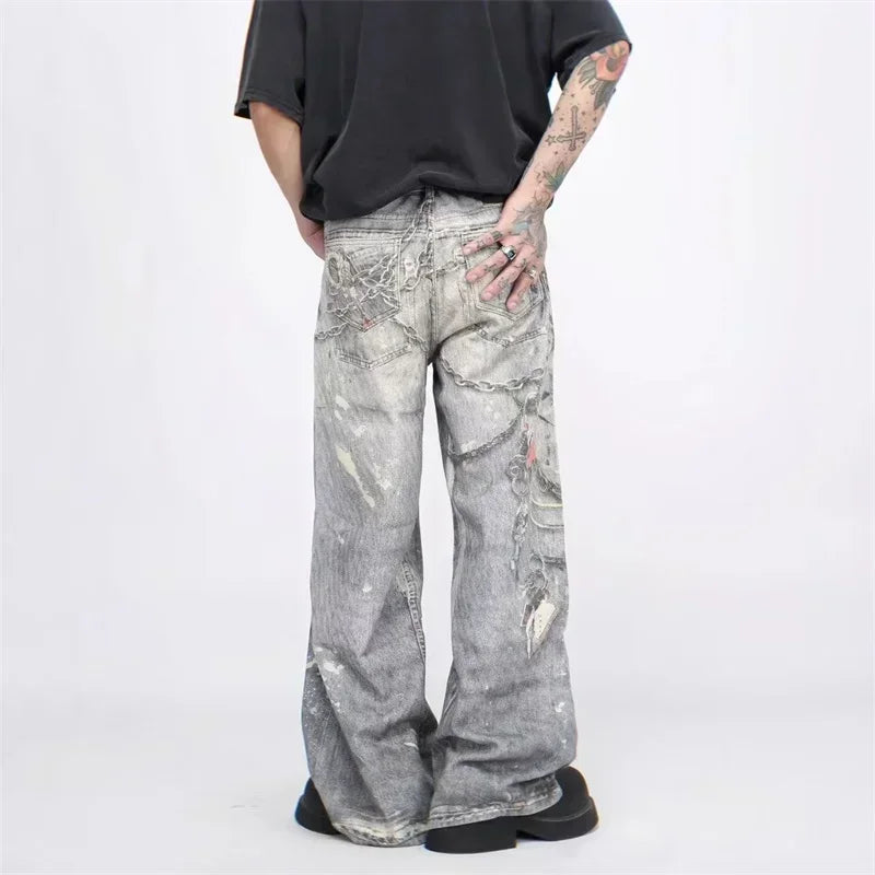 Threebooy  New Men's 3D Chain Printed Baggy Jeans Autumn Casual Baggy Straight Denim Pants Women High Street Blue Wide-leg Y2K Jean
