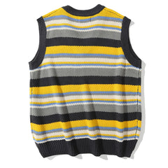 Threebooy Striped Vintage Sweater Vest Men's Knitted Sleeveless Men Sweaters Retro V-neck Pullover Japanese Streetwear Harajuku